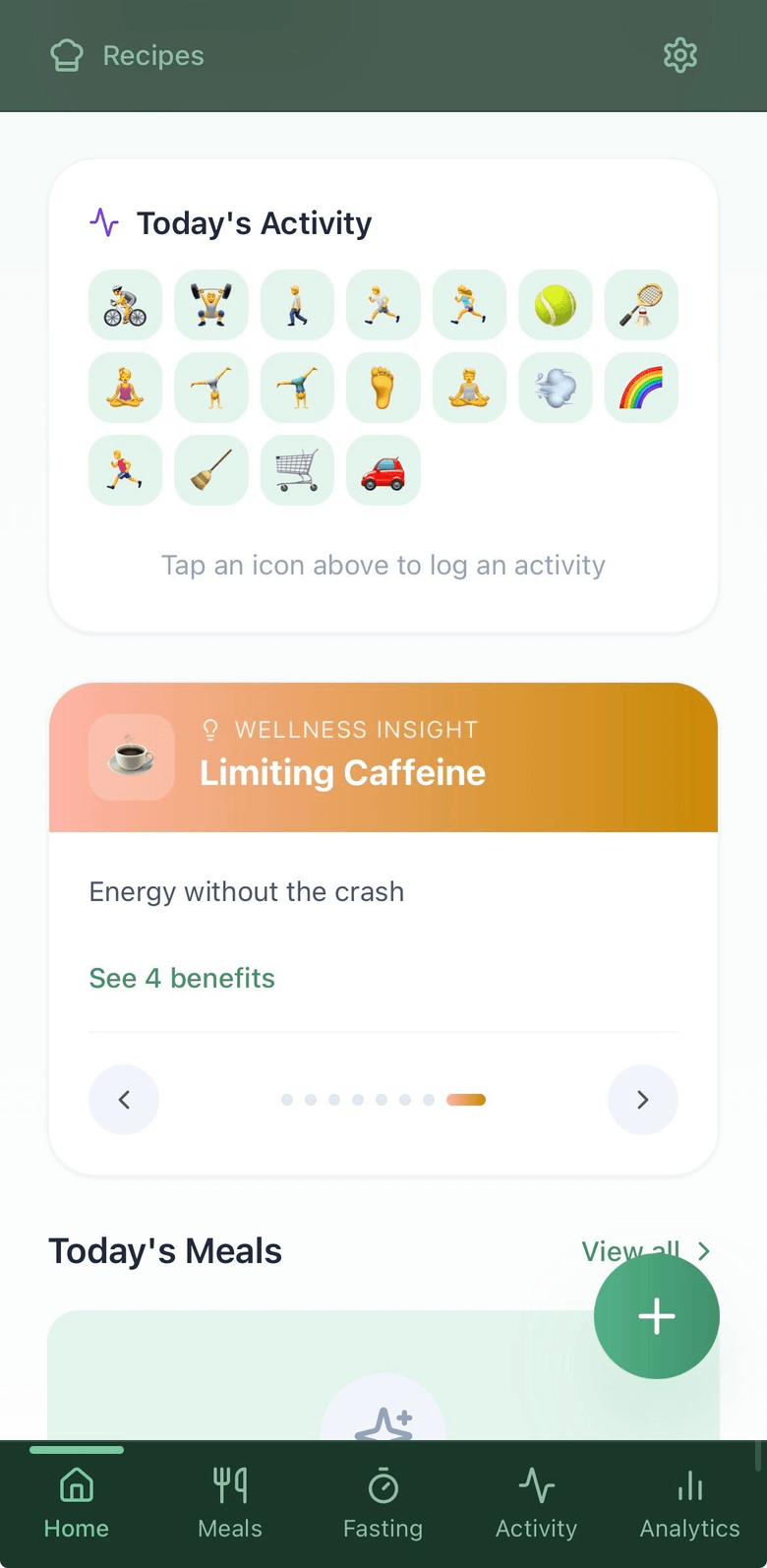 Nourish Activity screen showing activity logging and a Wellness Insight card
