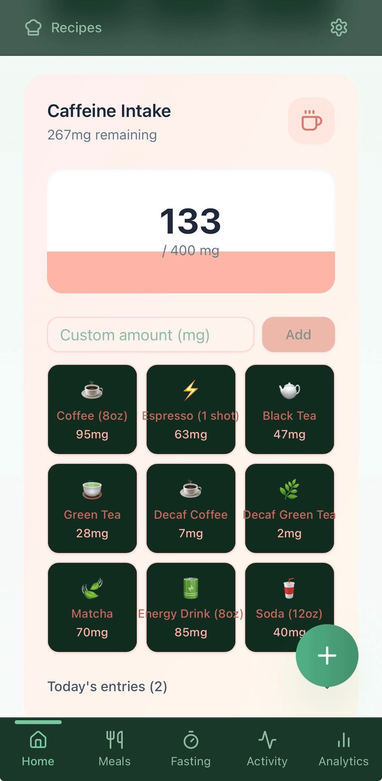 Nourish Caffeine Intake screen showing a daily milligram counter and quick-add presets