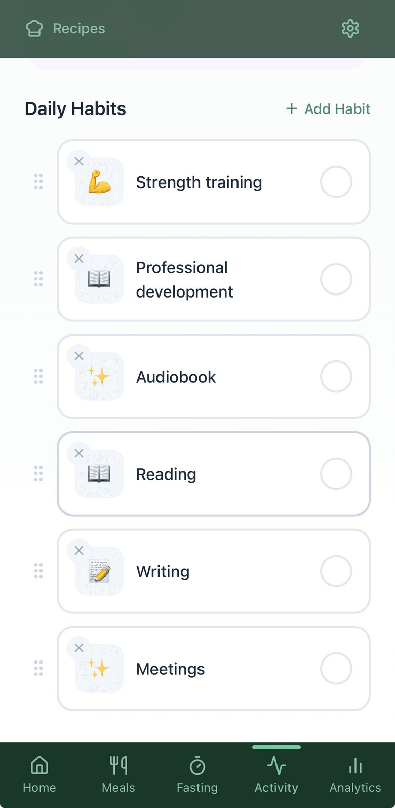 Nourish Daily Habits screen showing a calm daily checklist