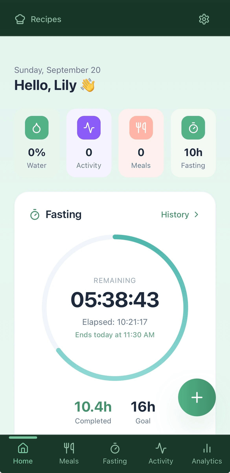 Nourish home screen showing a greeting, Water, Activity, Meals, and Fasting tiles, plus a fasting countdown ring