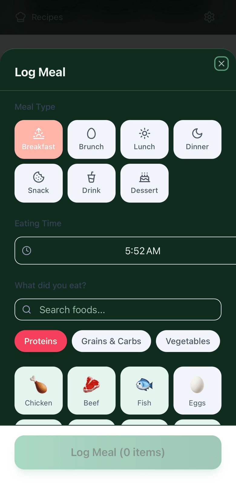 Nourish Log Meal screen showing meal type, food search, and food categories