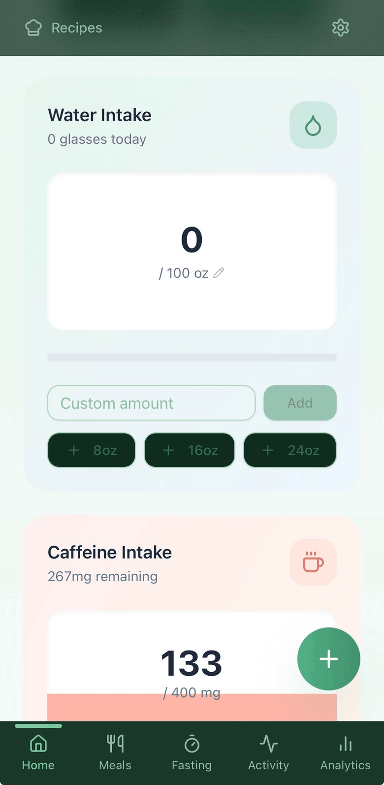 Nourish Water Intake screen showing an ounces goal and quick-add buttons